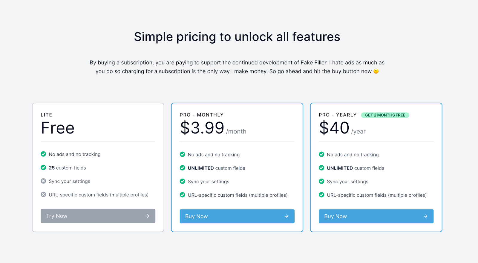 An image showing the prices and features of Fake filler, in its Free and Premium v​​ersions