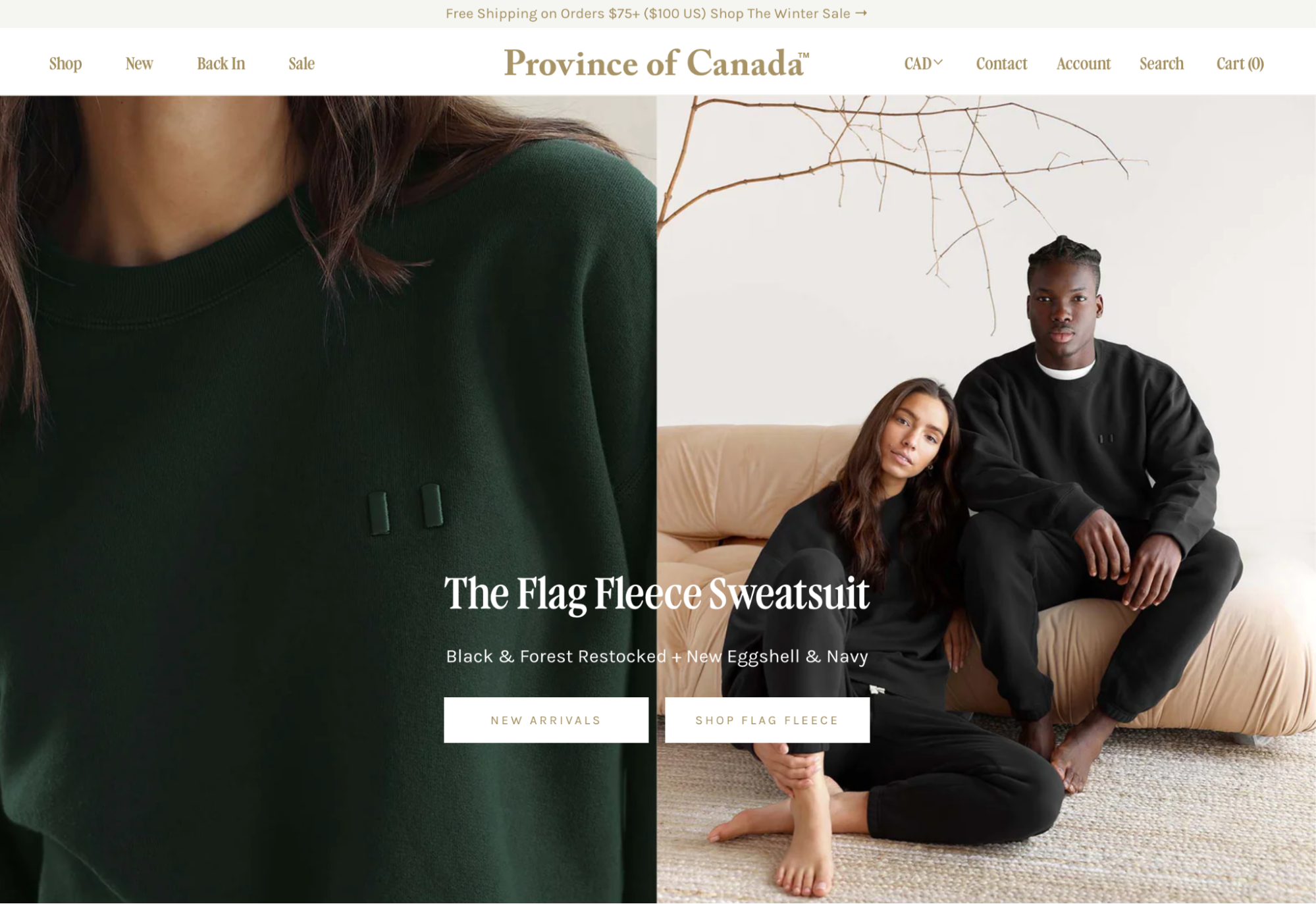 Province of Canada 官網展示 The Flag Fleece Sweatsuit，並以清晰 CTA 鼓勵訪客購買