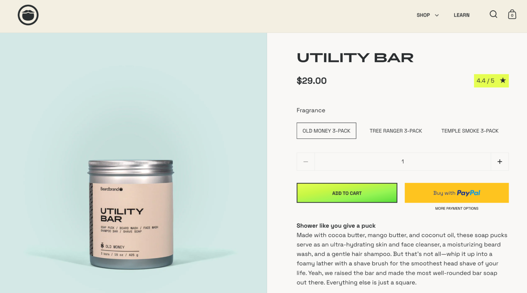 Beardbrand 的 Utility Bar 清潔皂商品頁，標示 4.4 星評分