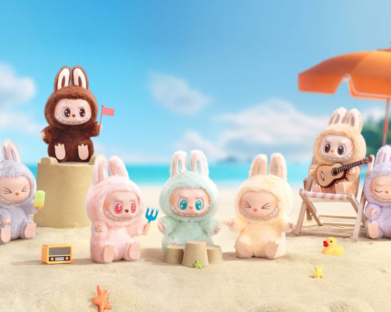 Fluffy Labubu collectible figures enjoying a day at the beach, showcasing their playful appeal and global popularity.