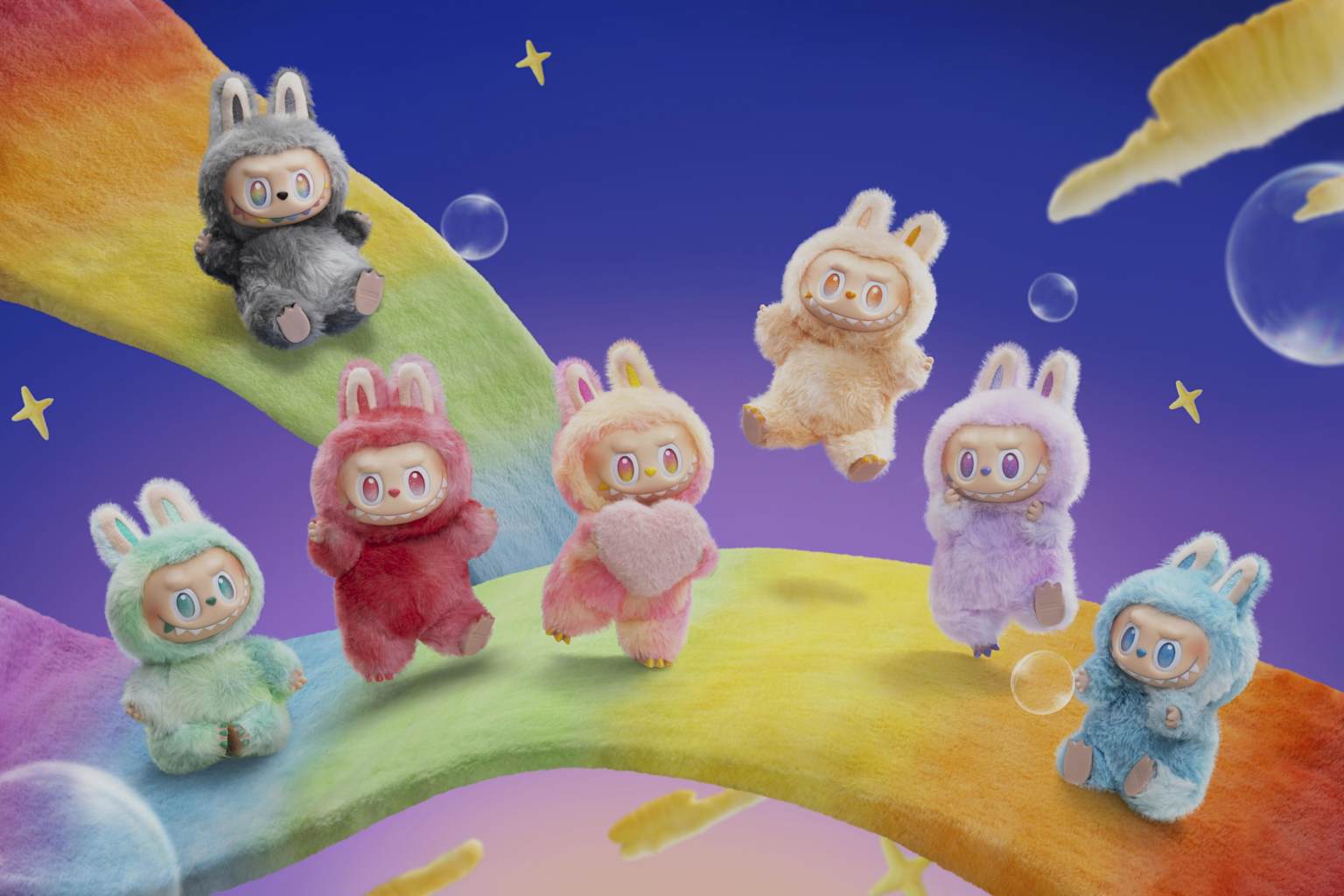 A collection of Labubu figures in various colorful, fluffy bunny costumes, illustrating the popular collectible toys.